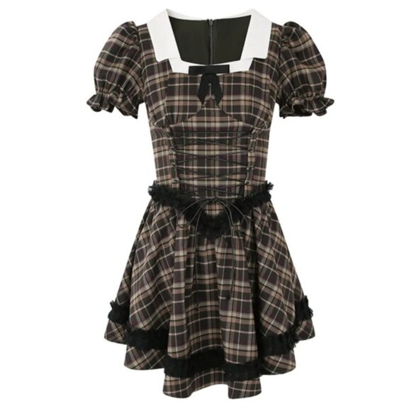 Vintage Style Plaid Dress Gothic Victorian Puff Sleeves White Collar Black Bow R - Picture 2 of 10